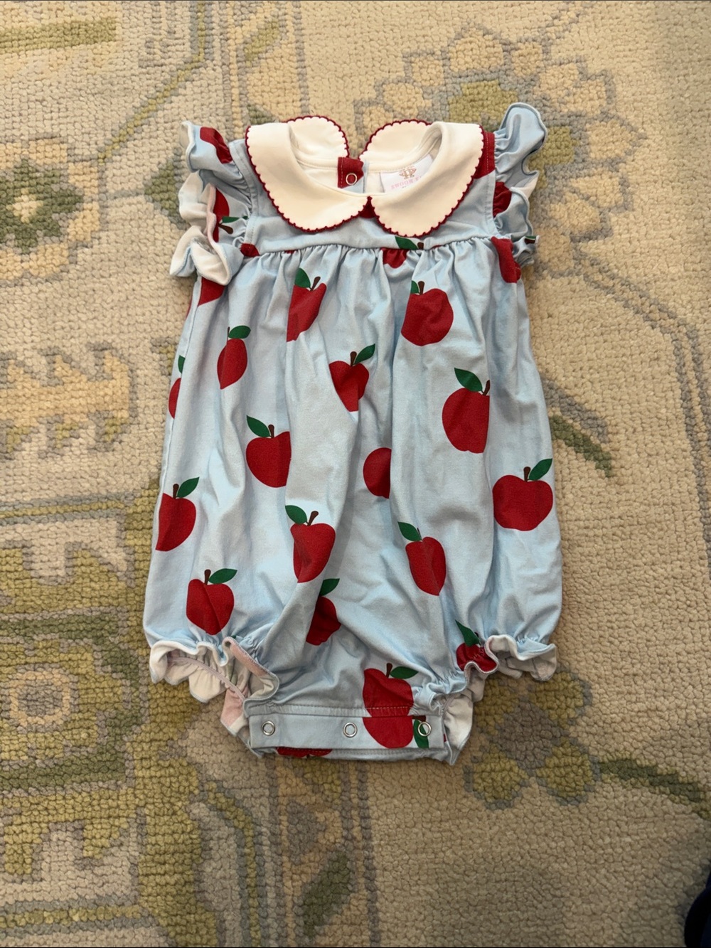 Light Blue Apple-Print Baby Romper with White Peter Pan Collar